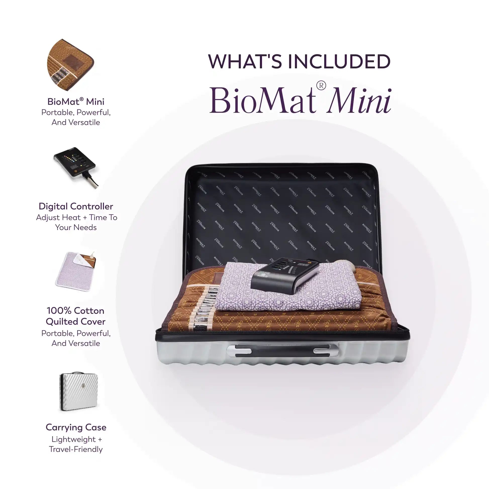 BioMat Mini with included accessories: digital controller, 100% cotton quilted cover, and carrying case