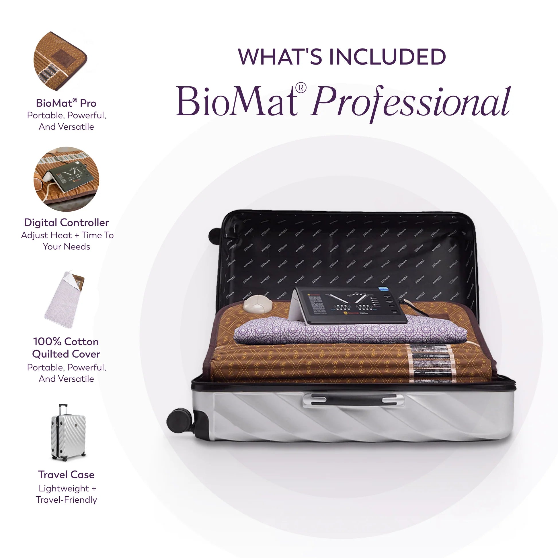 BioMat Professional infrared therapy mat with included digital controller, quilted cover, and rolling travel case