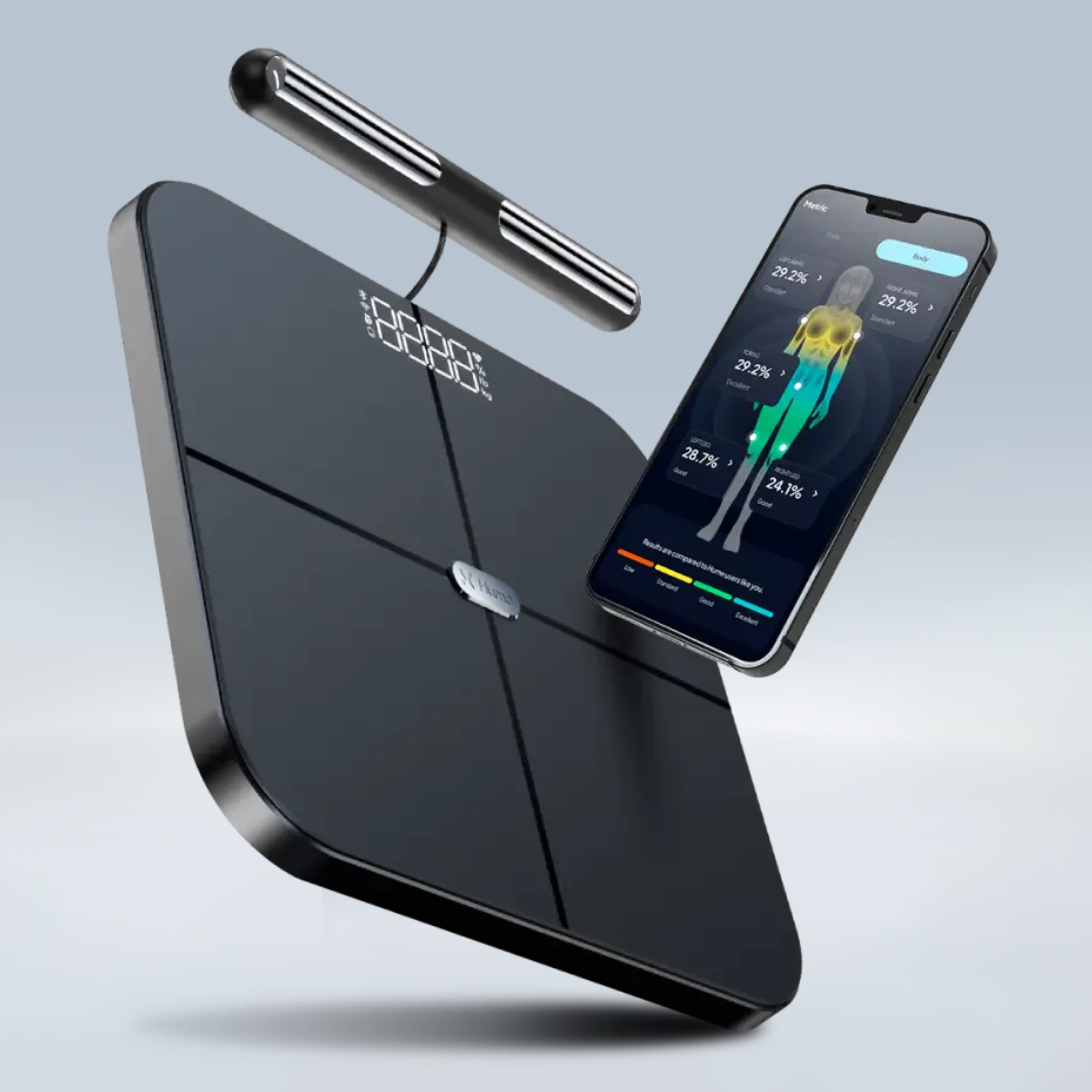 Hume Body Pod smart scale with handheld bar and smartphone showing the companion app body analysis screen