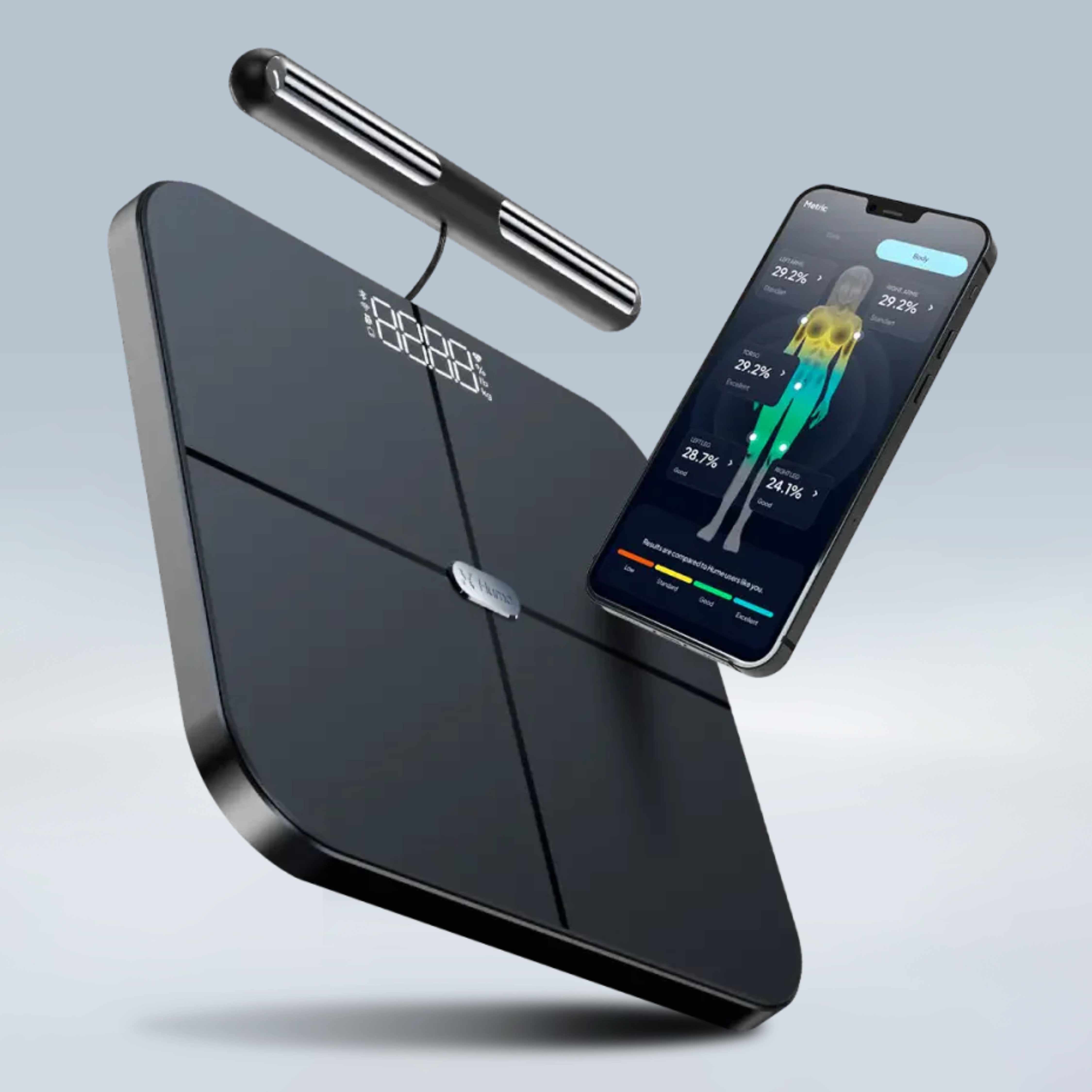 Hume Body Pod smart scale with handheld bar and smartphone showing the companion app body analysis screen
