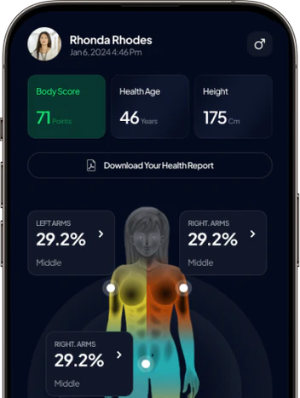 Hume Body Pod companion app screen showing body composition metrics overlaid on a humean body