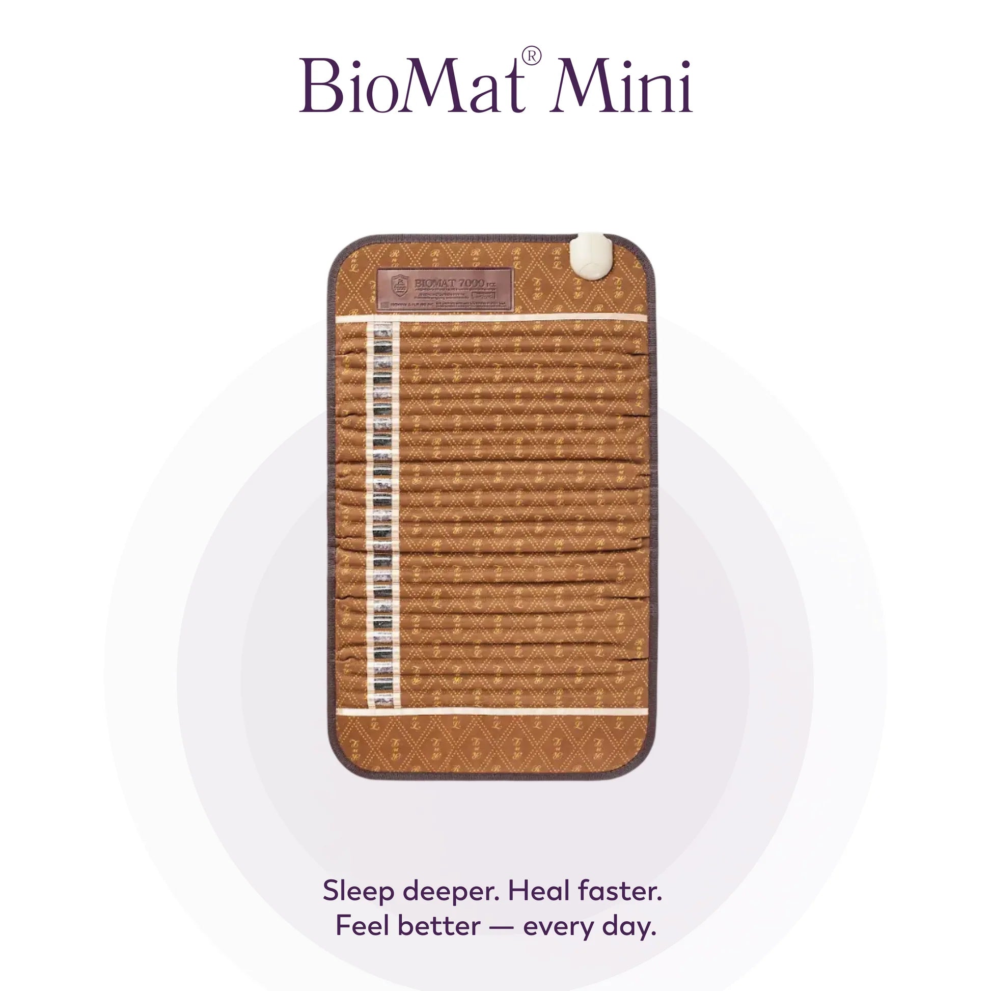 BioMat Mini portable infrared therapy mat. Text reads: BioMat Mini. Sleep deeper. Heal faster. Feel better — every day.