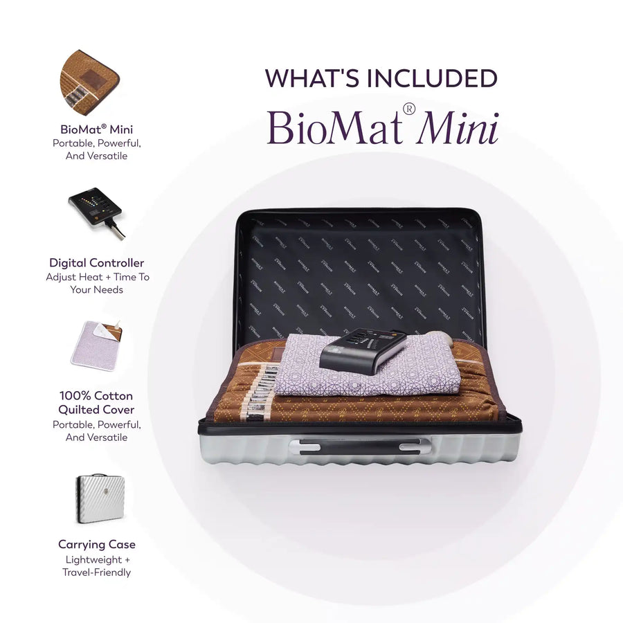 BioMat Mini with included accessories: digital controller, 100% cotton quilted cover, and carrying case