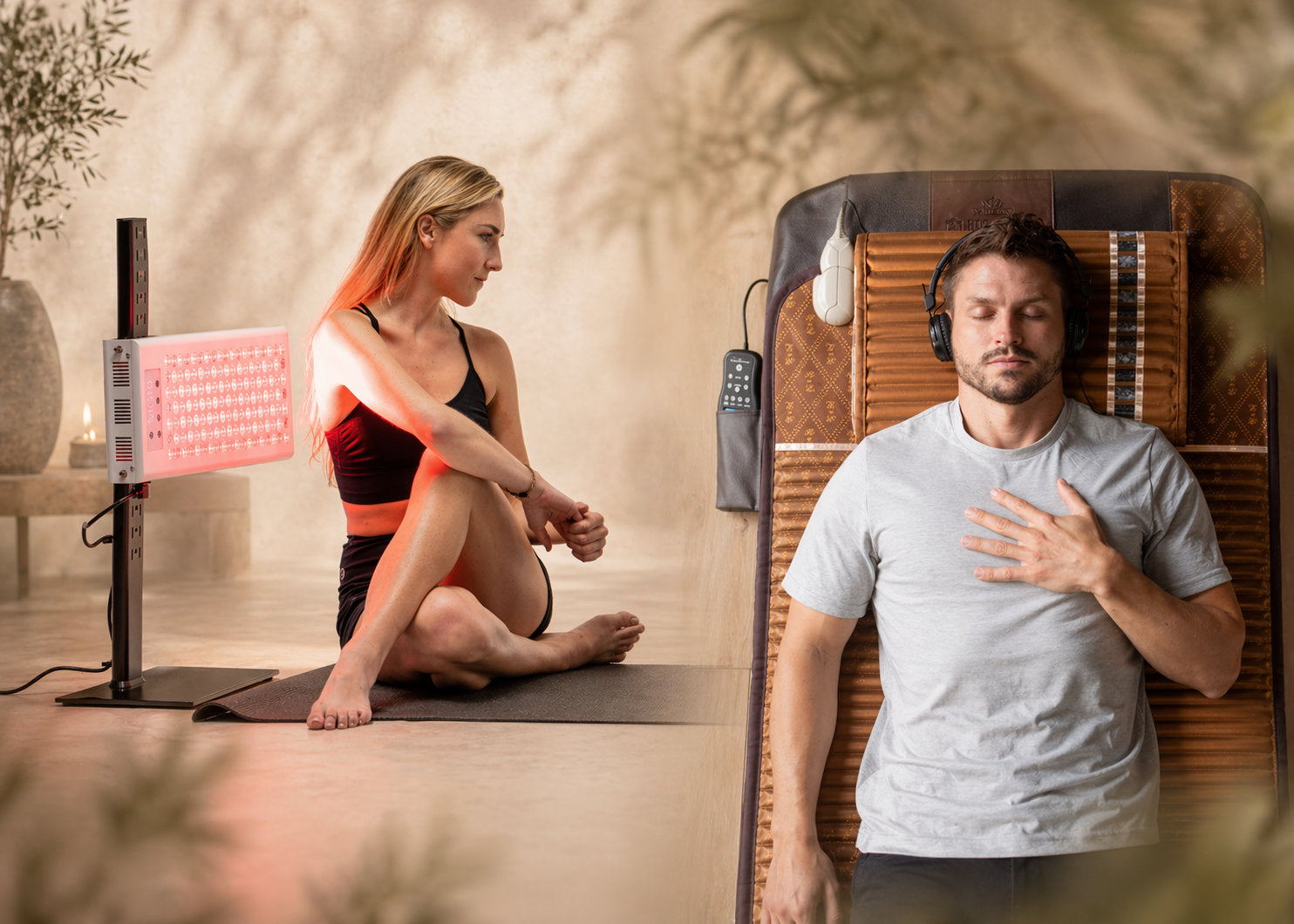A person stretching in front of  RedRush 400 PULSE red light/near-infrared panel next to a person lying on a BioMat far infrared therapy mat