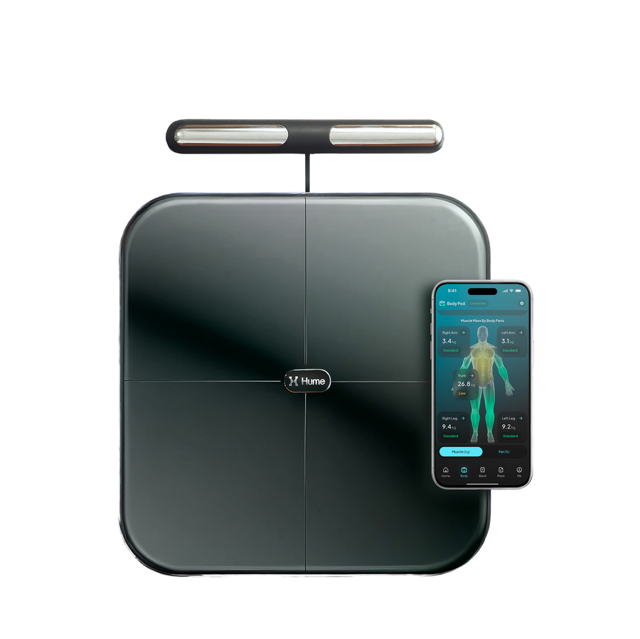 Hume Body Pod smart scale with handheld bar and smartphone showing the companion app